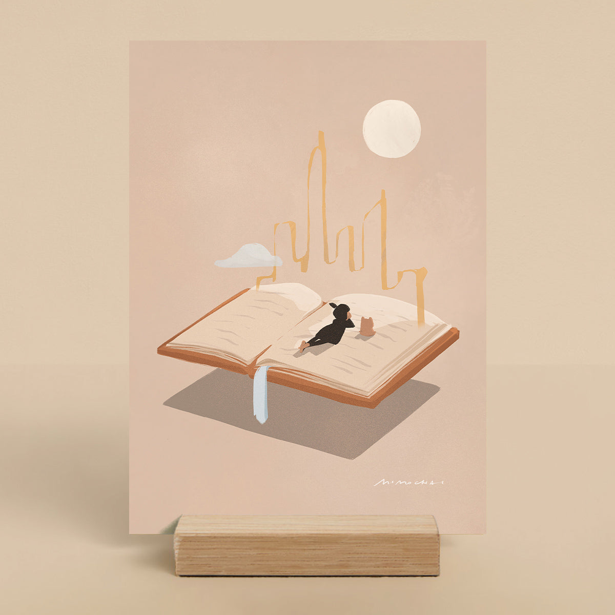 Illustration of a person lying on an open book with a cityscape and moon in the background.