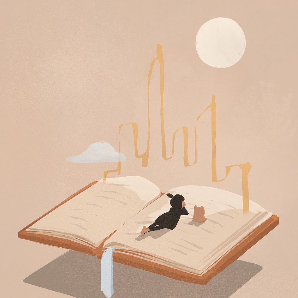 Illustration of a person lying on an open book with a city skyline and moon in the backgound.