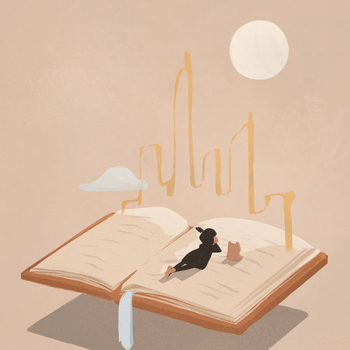 Illustration of a person lying on an open book with a city skyline and moon in the backgound.
