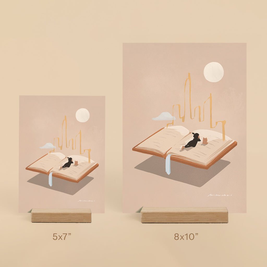 Two framed illustrations of an open book with a cityscape and figures on a beige background.