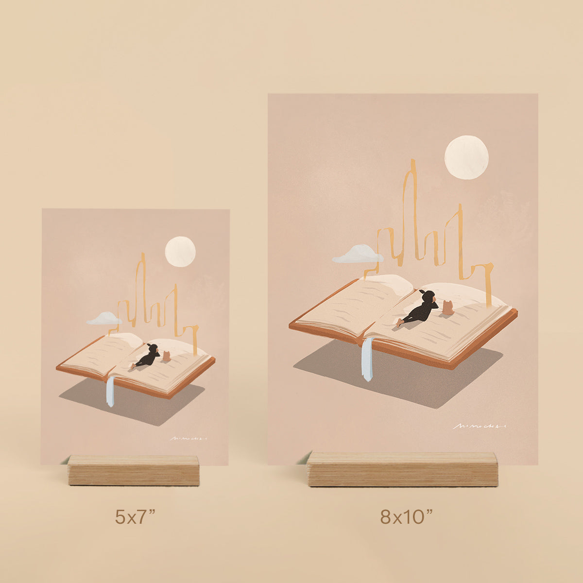 Two framed illustrations of an open book with a cityscape and figures on a beige background.