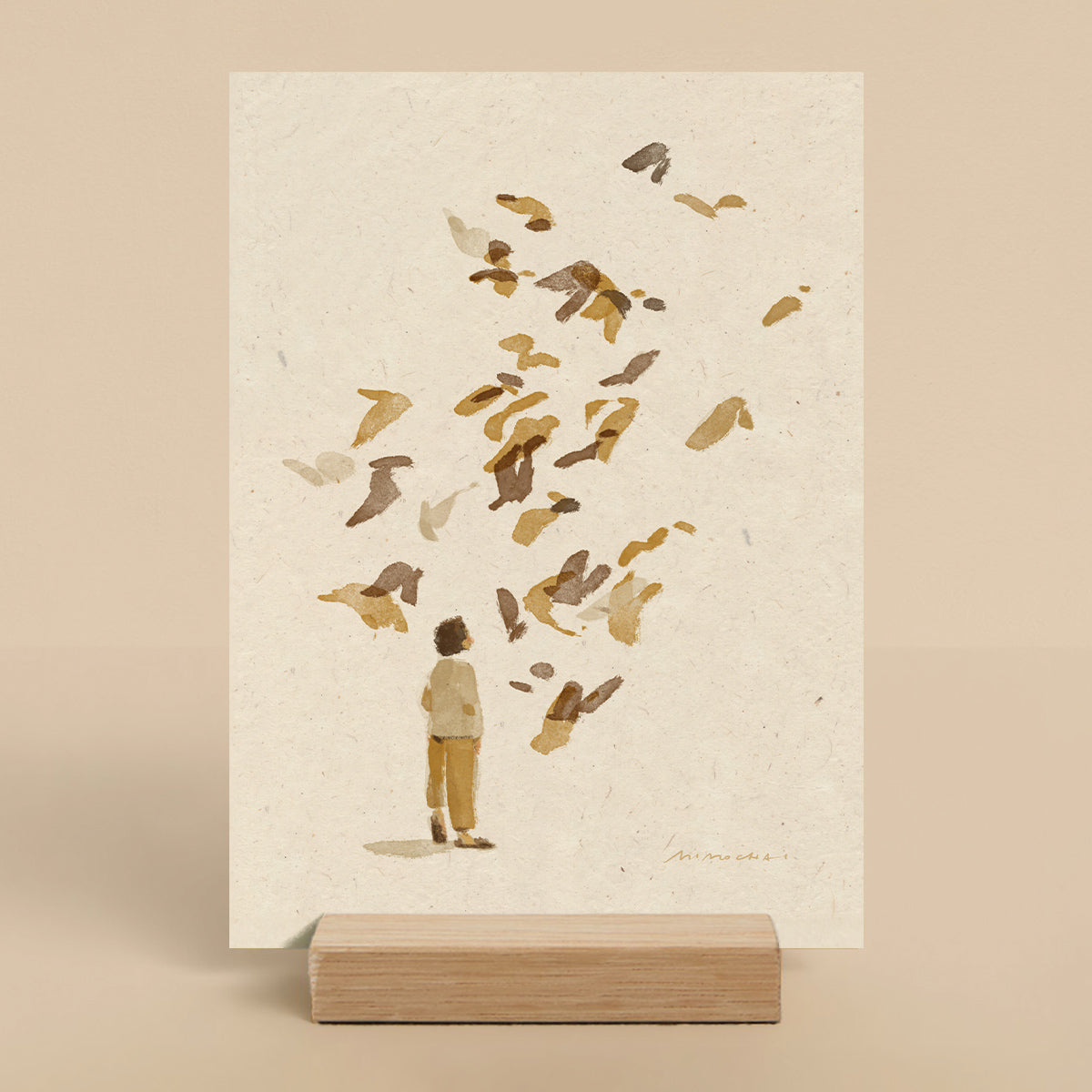 Illustration of a child watching birds on a beige background