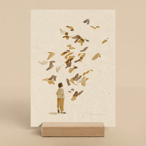 Illustration of a child watching birds on a beige background