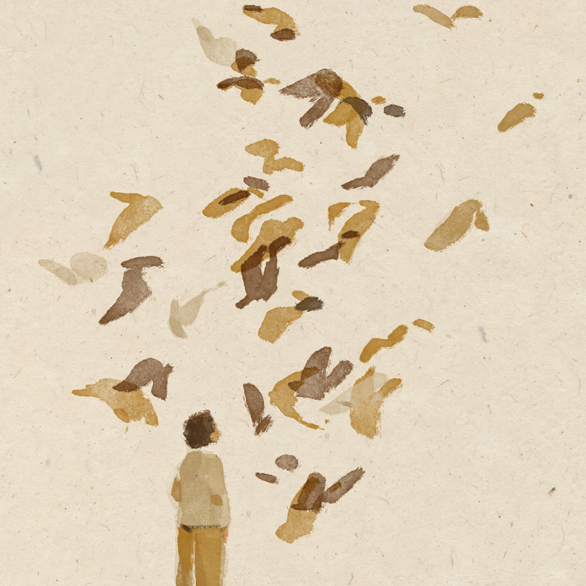 Illustration of a person standing with birds flying around them on a textured beige background