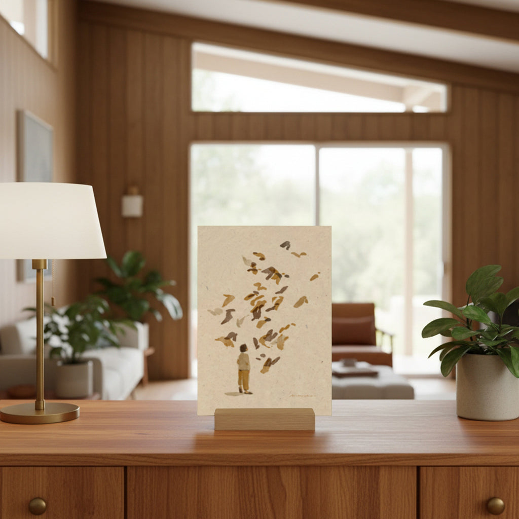 Mini Print with birds on a wooden surface in a living room setting