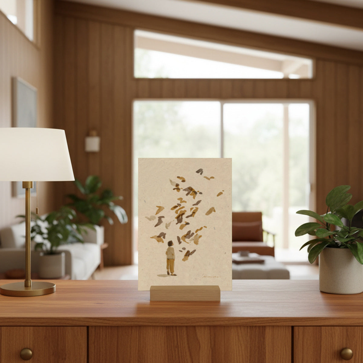 Mini Print with birds on a wooden surface in a living room setting