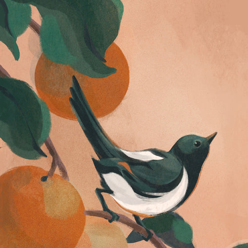 Illustration of a bird perched on a branch with green leaves and orange fruits on a peach background