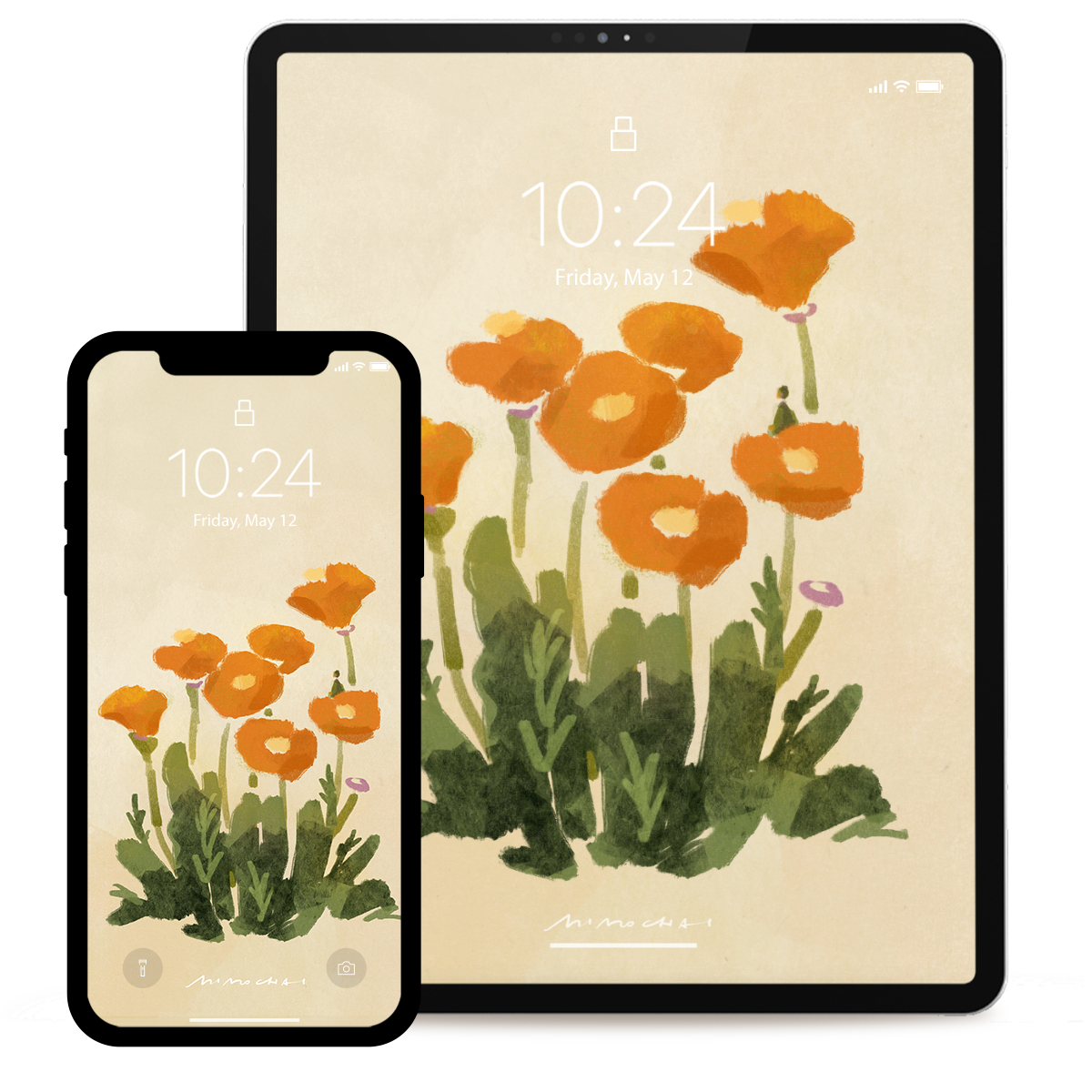Tablet and smartphone displaying a floral wallpaper with orange poppies on a beige background.