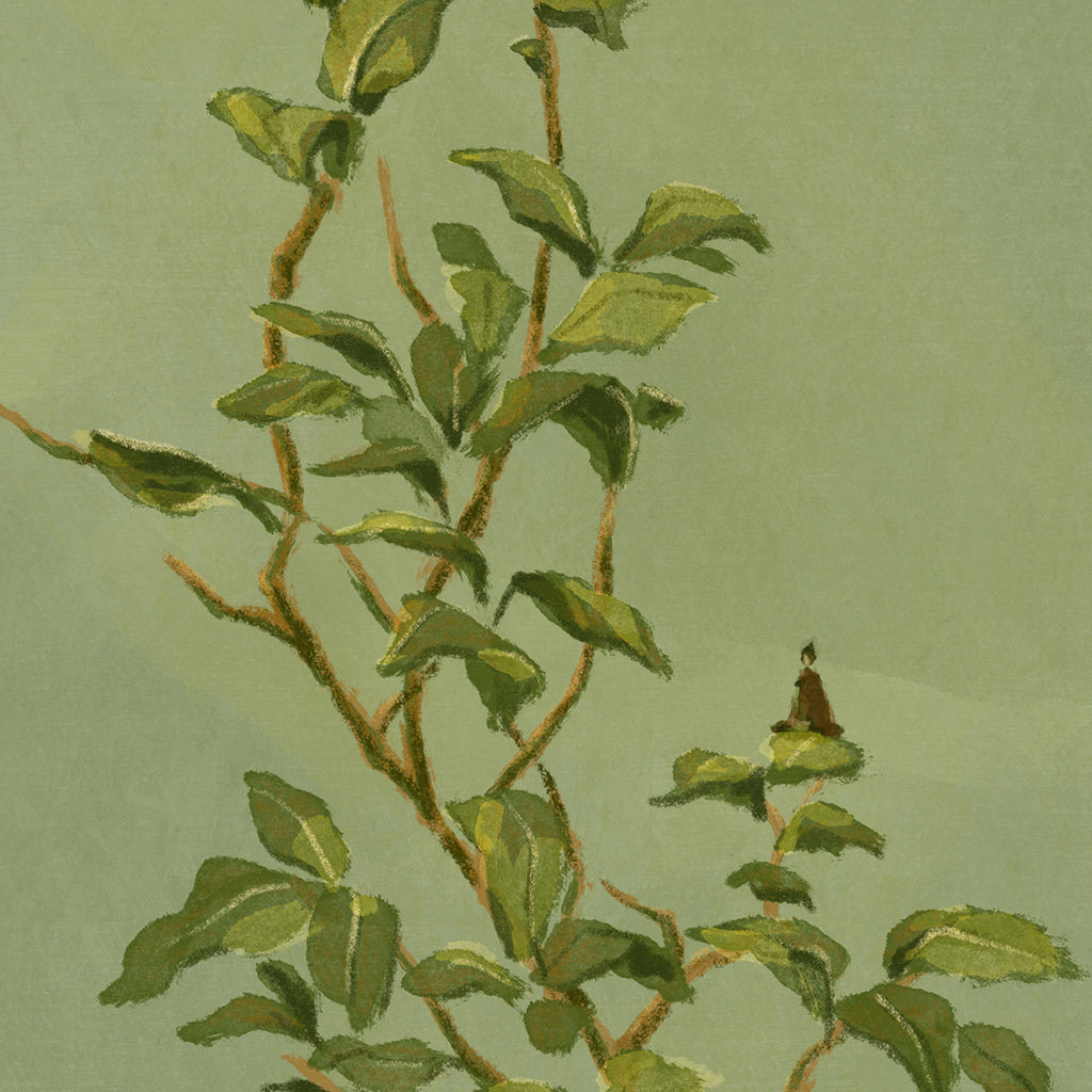 Watercolor style artwork of a leafy branch with a small figure on a light green background - Contemplative art prints - Mimochai 
