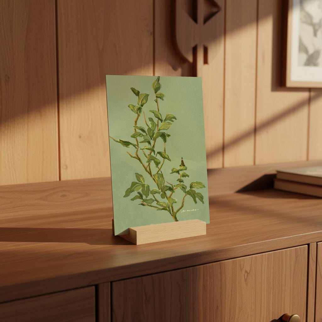 Postcard artwork with a botantical illustration in a wood stand - mindful nature art for meditation - Mimochai