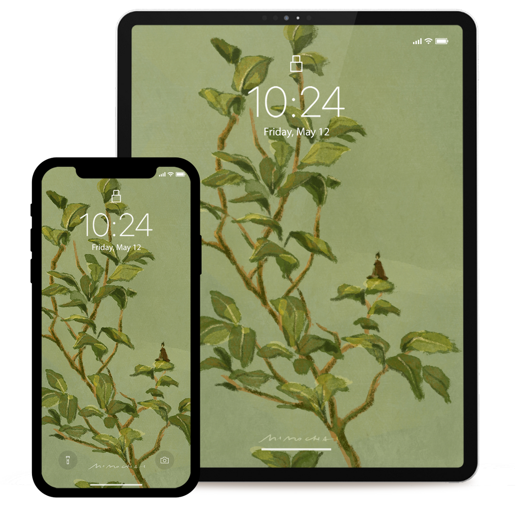 Smartphone and tablet displaying a nature-themed wallpaper with Camellia leaves