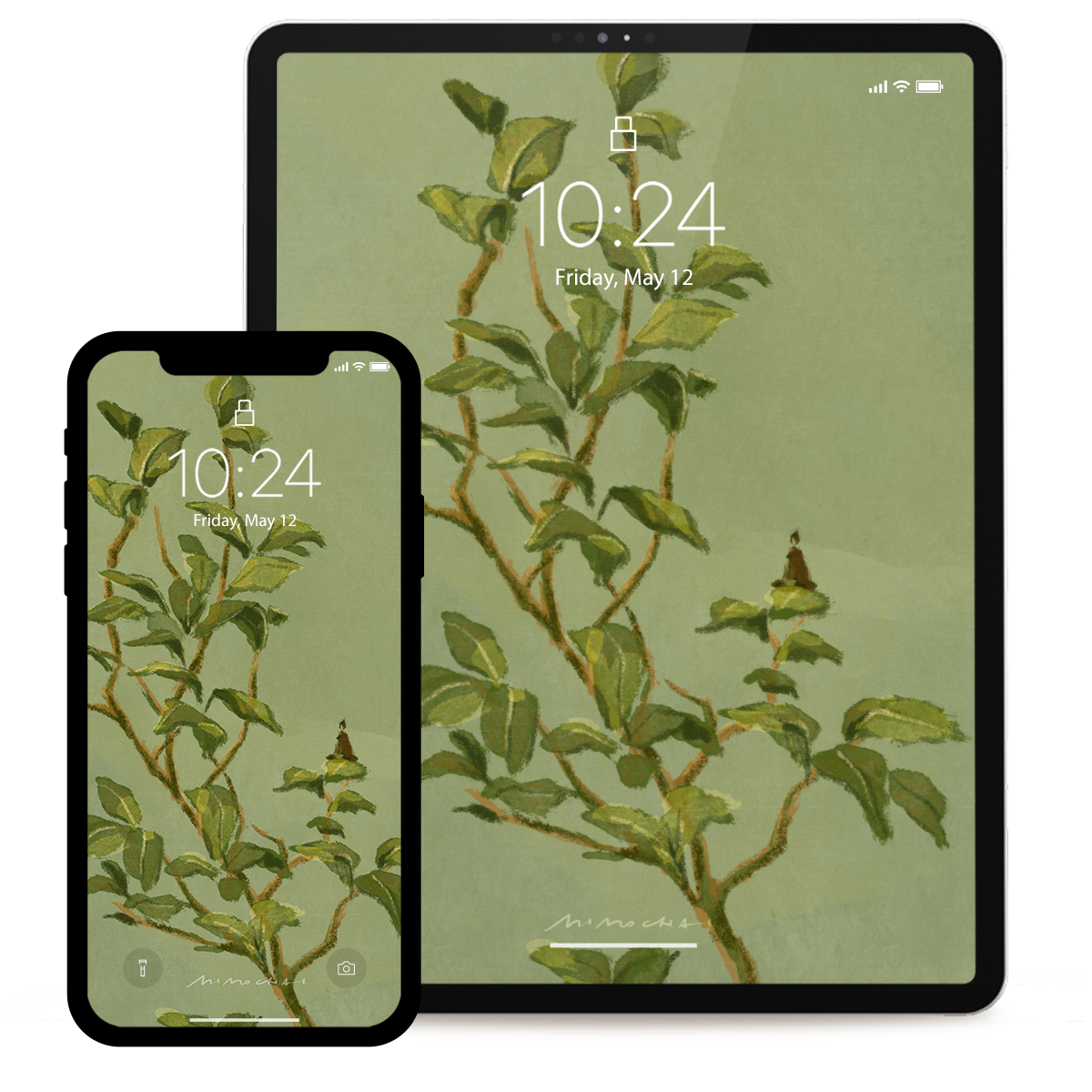 Smartphone and tablet displaying a nature-themed wallpaper with Camellia leaves