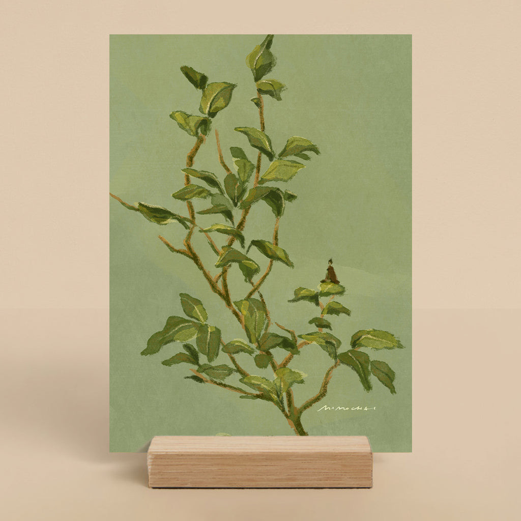 Small watercolor-style botanical art print in a wooden stand  - Plant art for small spaces - Mimochai
