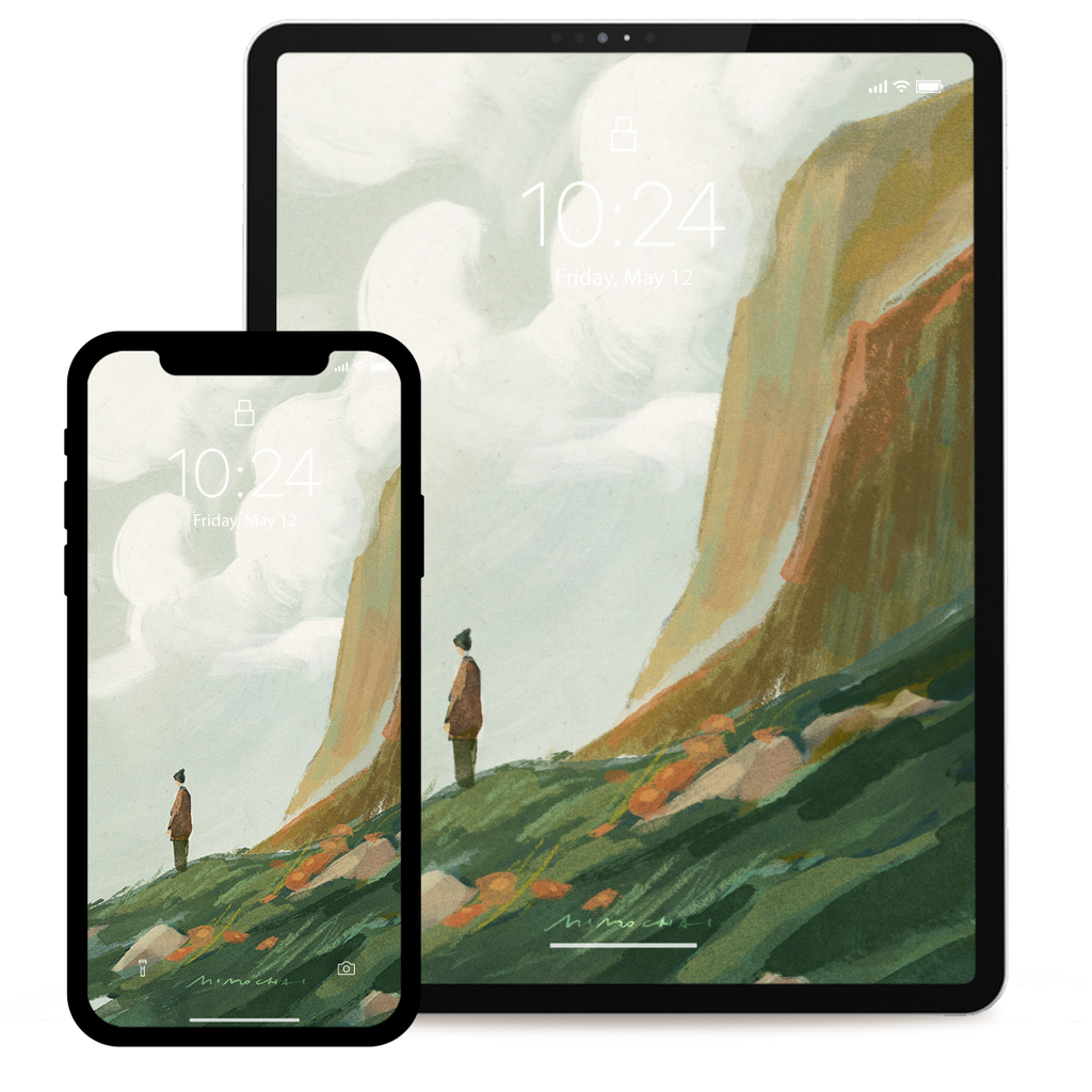 Two devices displaying a scenic wallpaper with mountains and a person on a grassy hill.