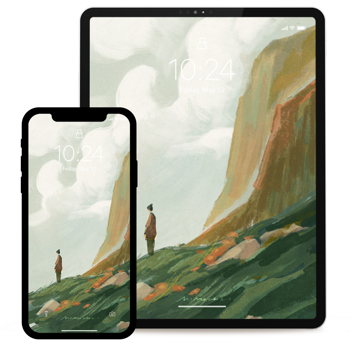 Two devices displaying a scenic wallpaper with mountains and a person on a grassy hill.