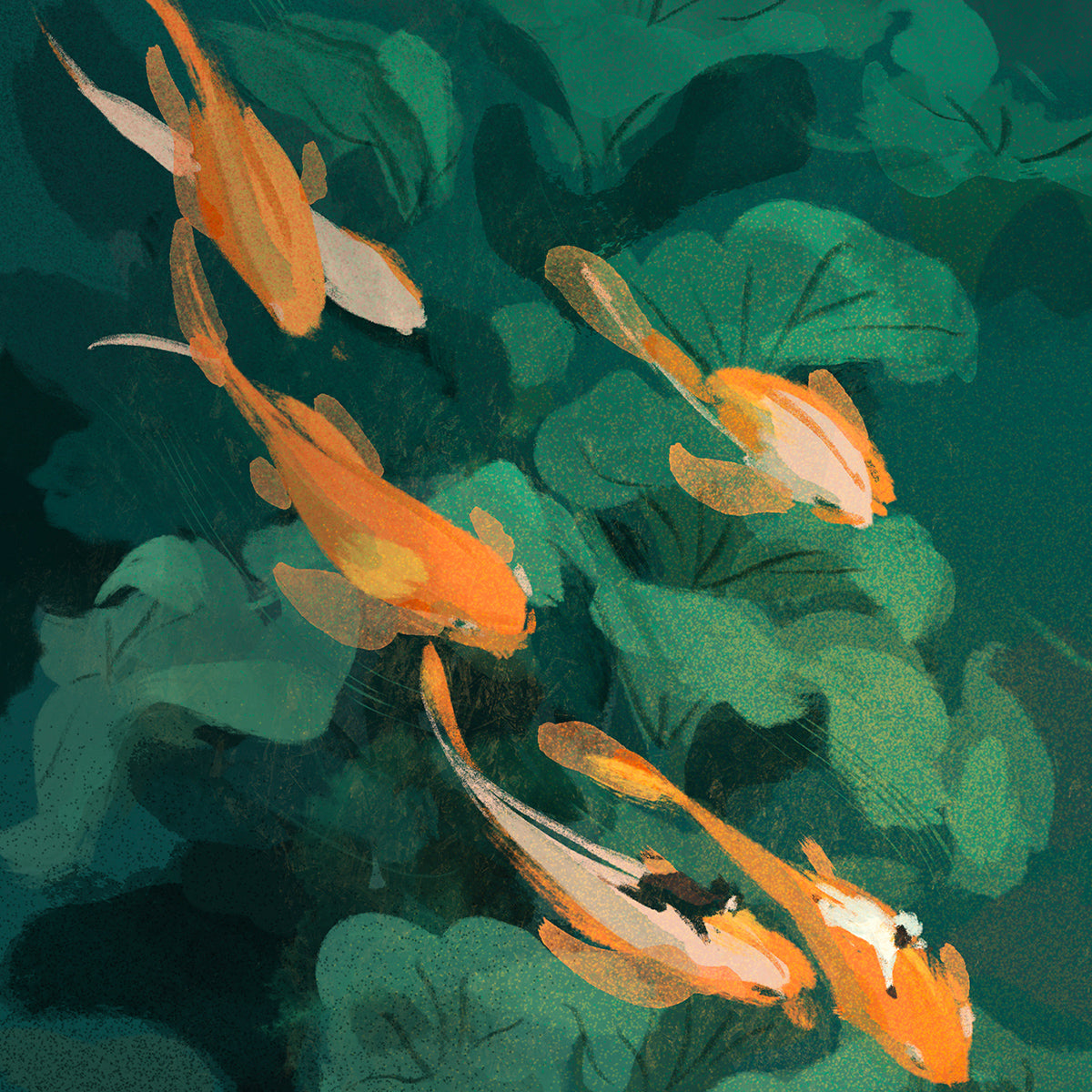 Illustration of goldfish swimming among green leaves in water
