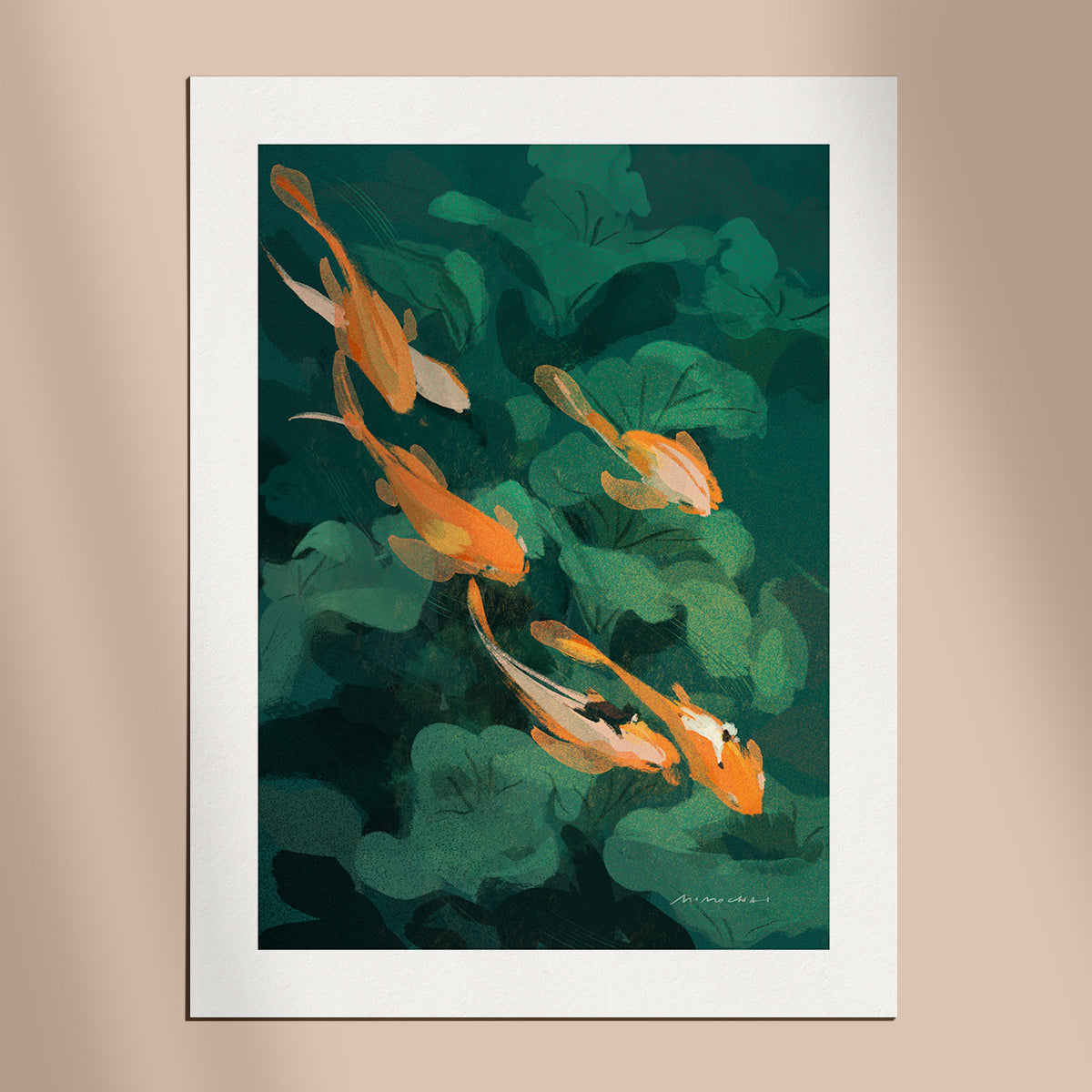 Art Print of goldfish and green leaves on a beige wall.