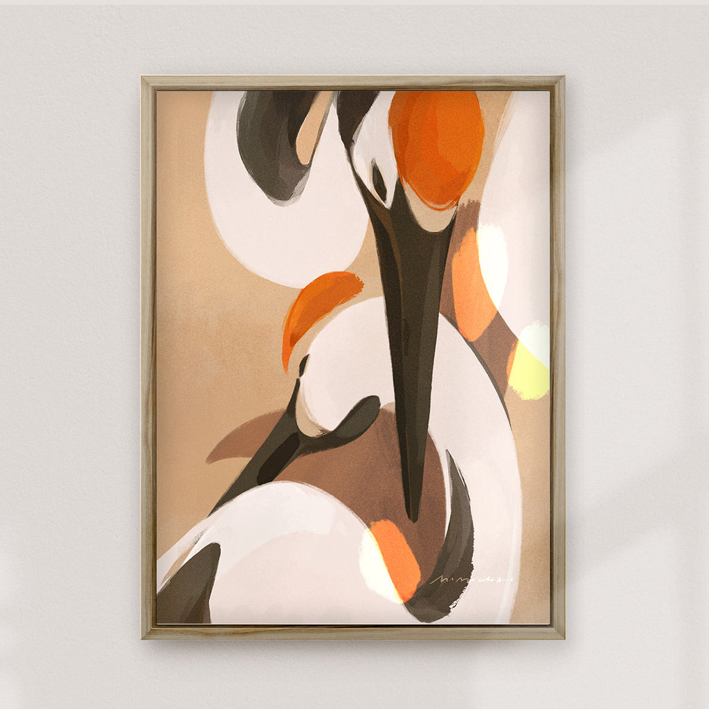 A framed canvas art print featuring a watercolor style crane painting in shades of white, black, beige, and orange - mindful art for home - Mimochai