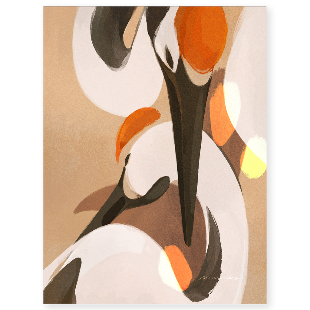 A watercolor style minimalist illustration of cranes - good luck artwork for home - Mimochai