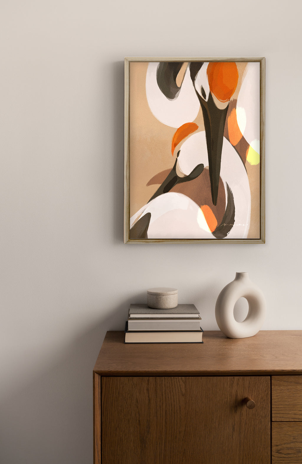 A framed canvas art print of a painting of cranes - peaceful art prints for bedroom - Mimochai