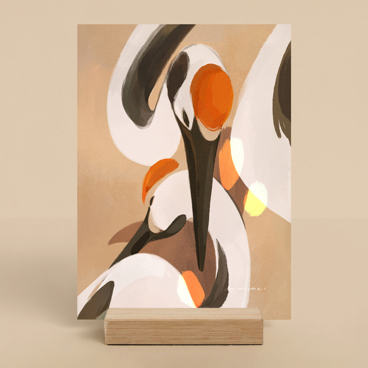 Decorative card with a stylized crane design on a beige background