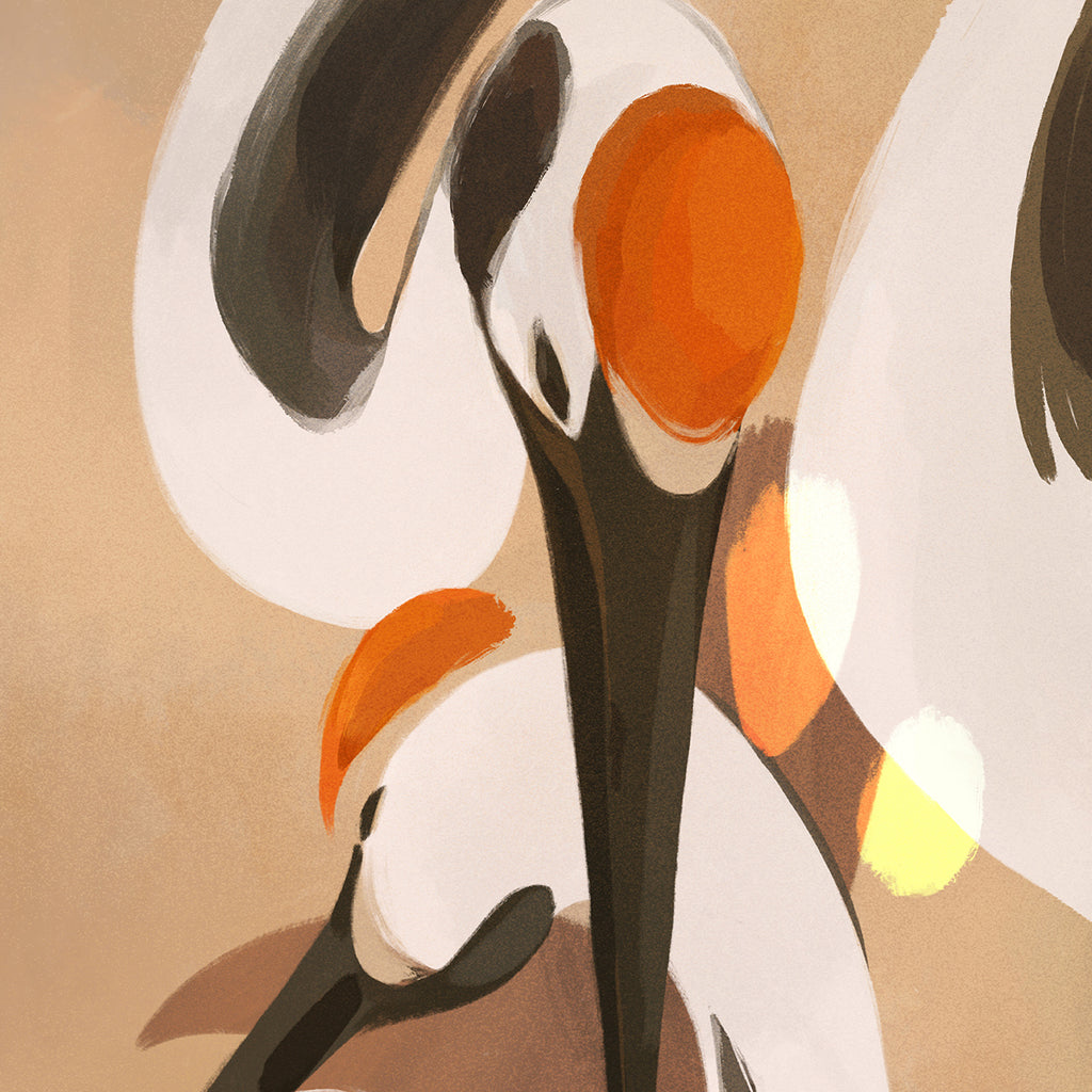 Artistic illustration of a mother and baby crane on a beige background