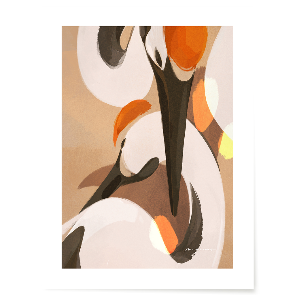 Peaceful art print featuring minimalist crane illustration - zen art for home decor - Mimochai
