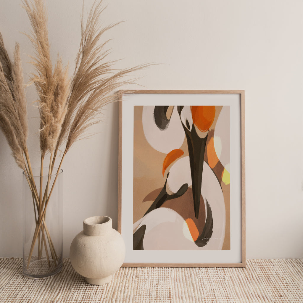 A framed art print featuring mother and baby cranes - peaceful art for nursery - Mimochai