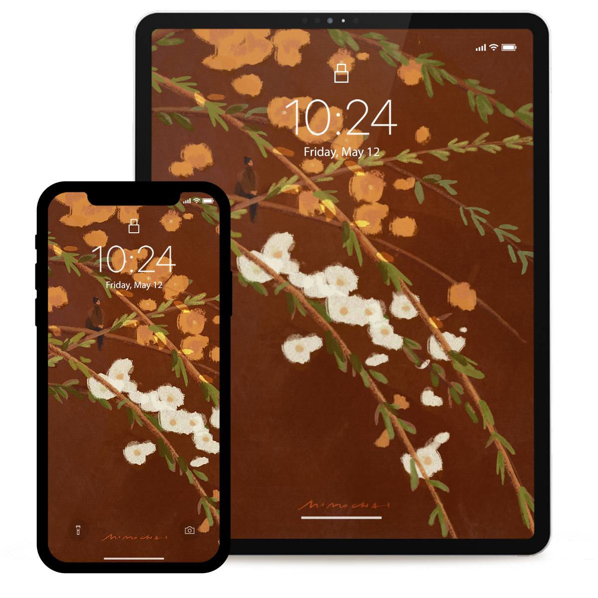 Smartphone and tablet displaying a floral lock screen design on a brown background.