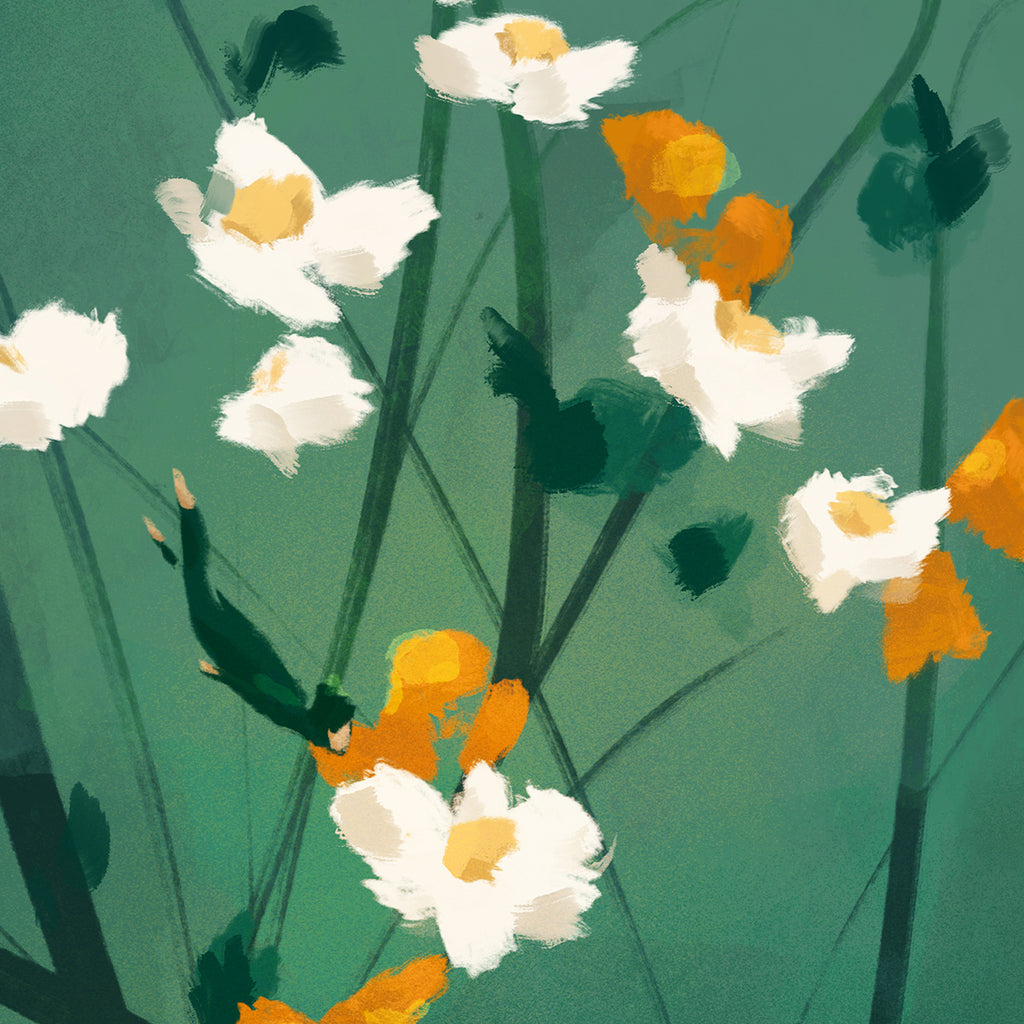 Illustration of flowers with white and orange blossoms on a green background