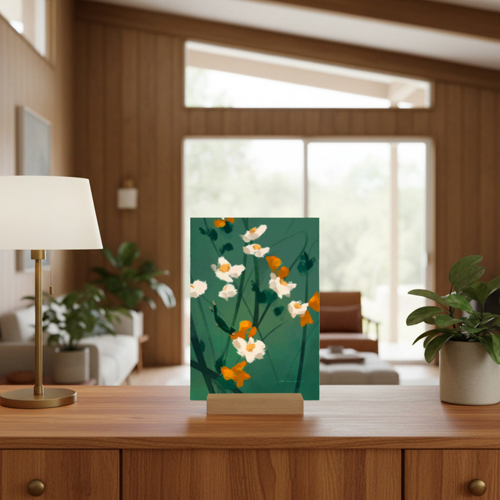 Floral art print on a stand in a living room setting
