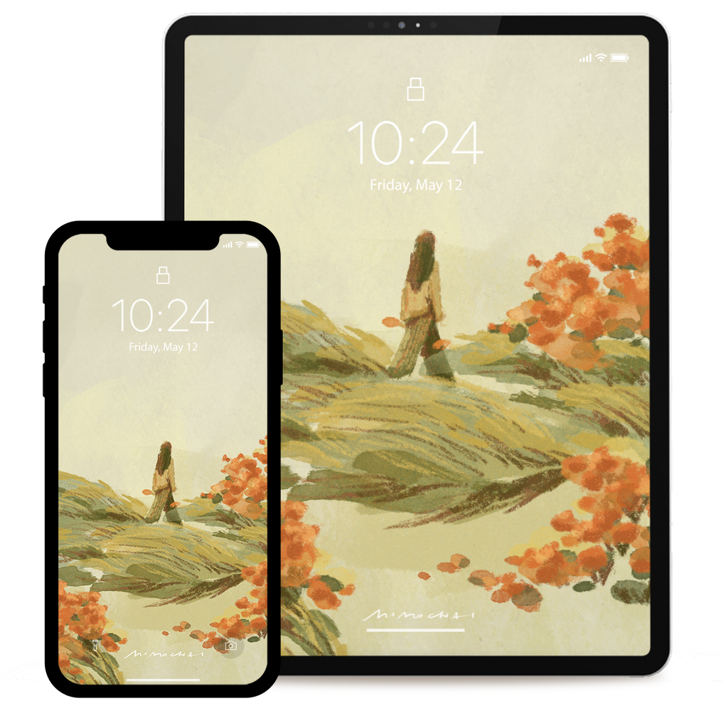 Two devices displaying a scenic wallpaper with a person walking through a field of flowers.