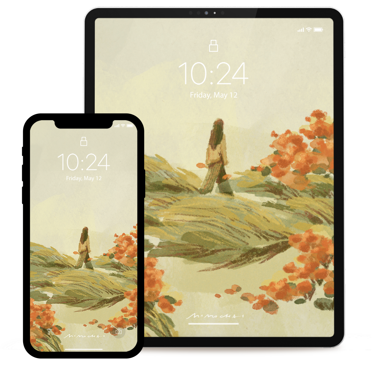 Two devices displaying a scenic wallpaper with a person walking through a field of flowers.