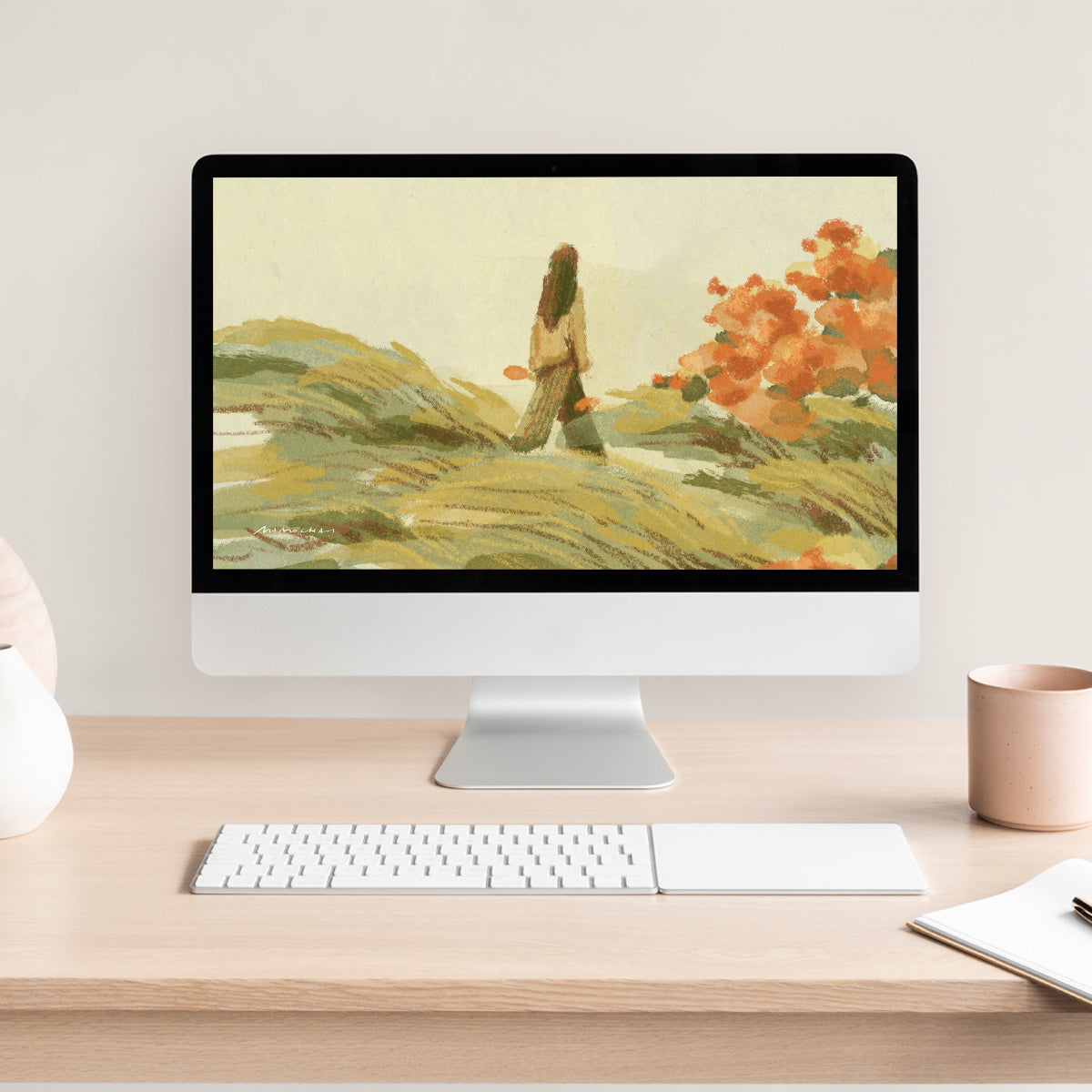 Computer monitor displaying a painting of a woman in a field, on a desk with a keyboard and mug.