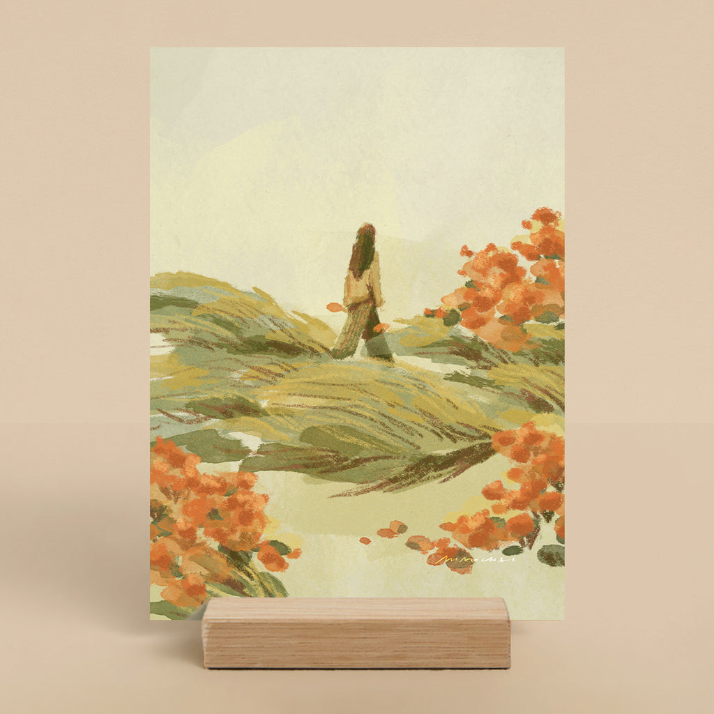 Art Print with a painting of a person walking through a field of flowers on a beige background