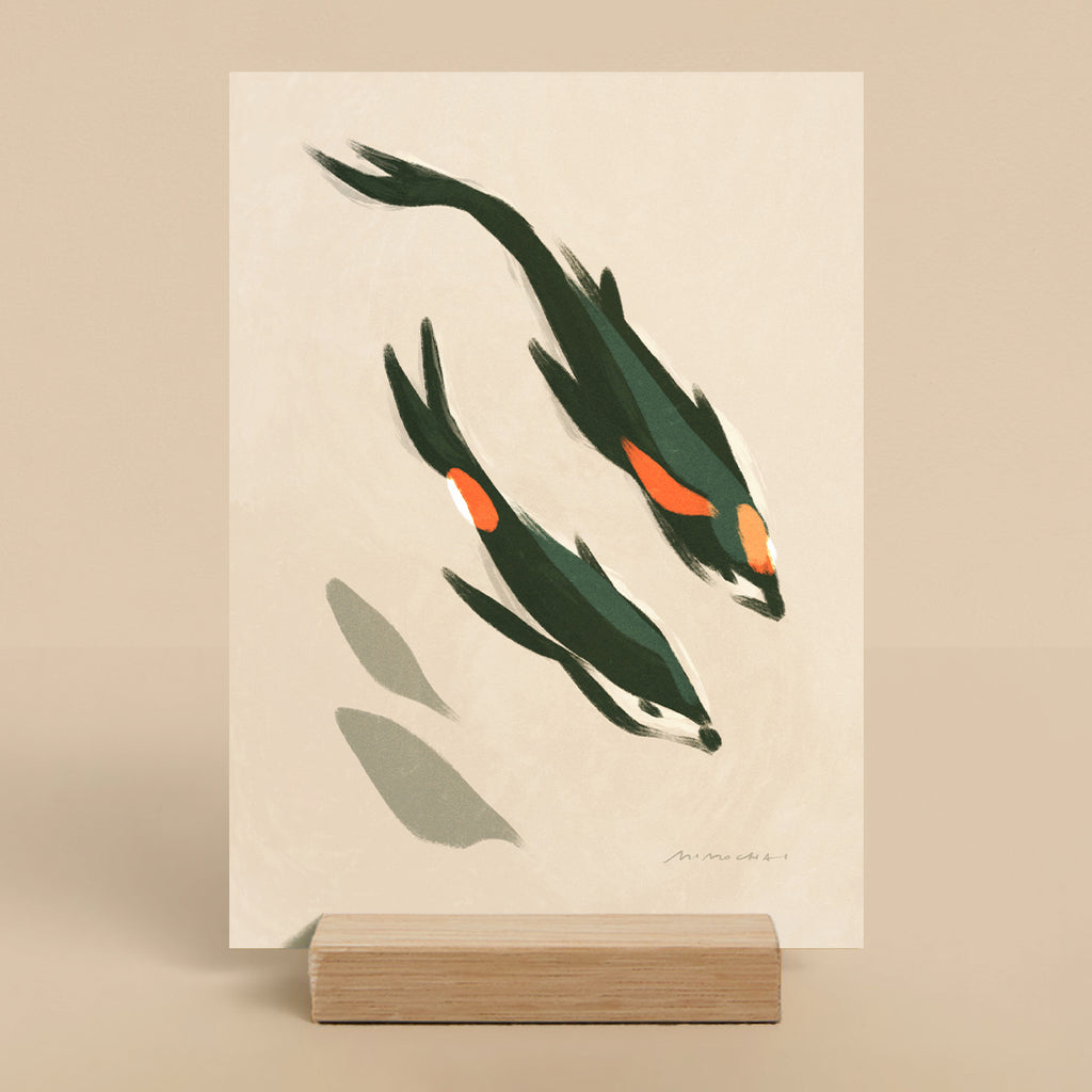 Art print with painted koi fish illustration on a beige background