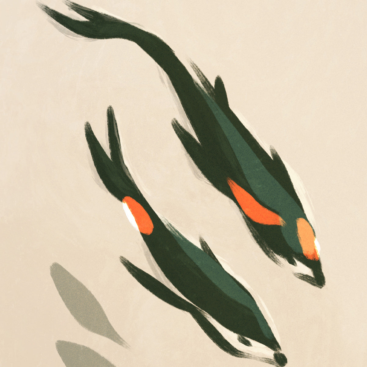 Two stylized koi fish with orange spots on a beige background