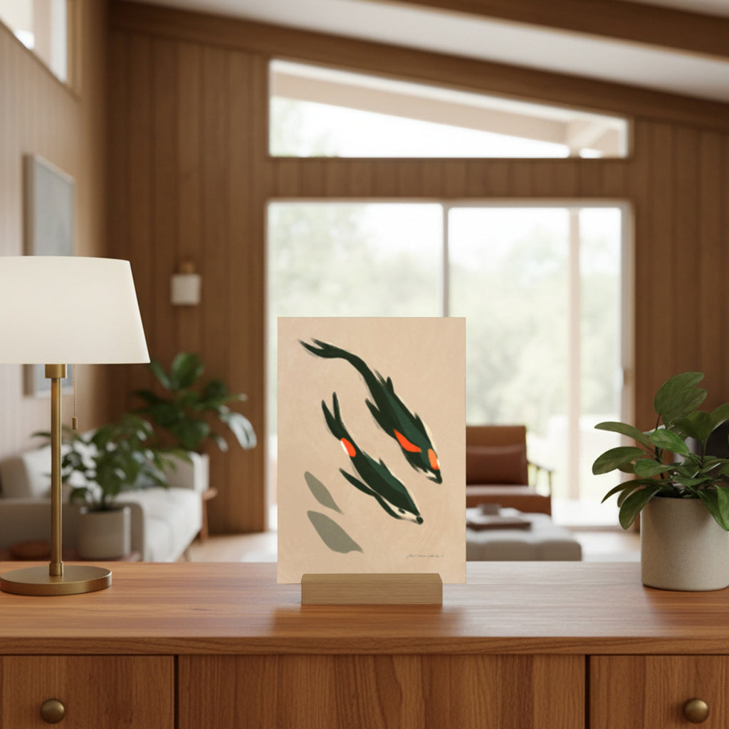 Art print of two koi fish on a stand in a modern living room.