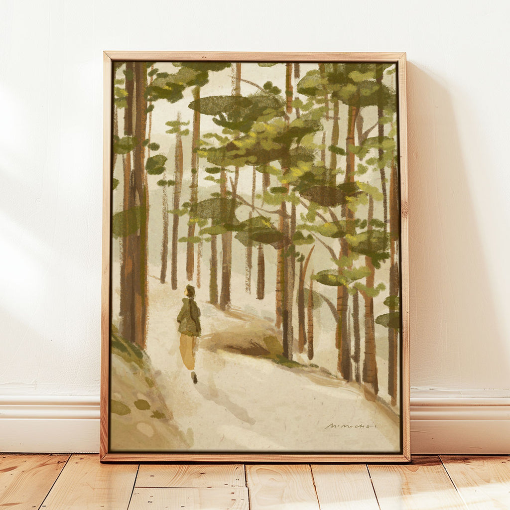 Framed canvas art print depicting a woman hiking through a peaceful forest - nature illustration art print - Mimochai