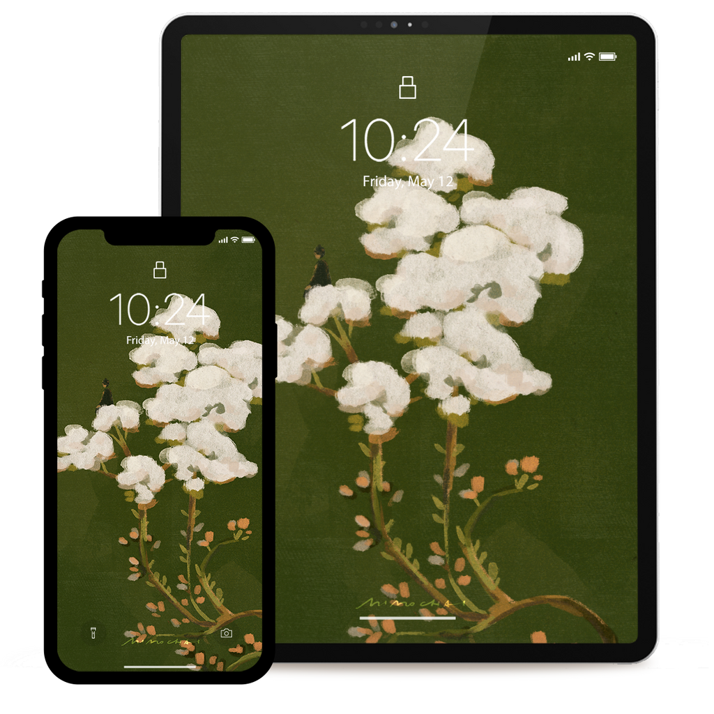 Smartphone and tablet displaying a lock screen with white flowers on a green background