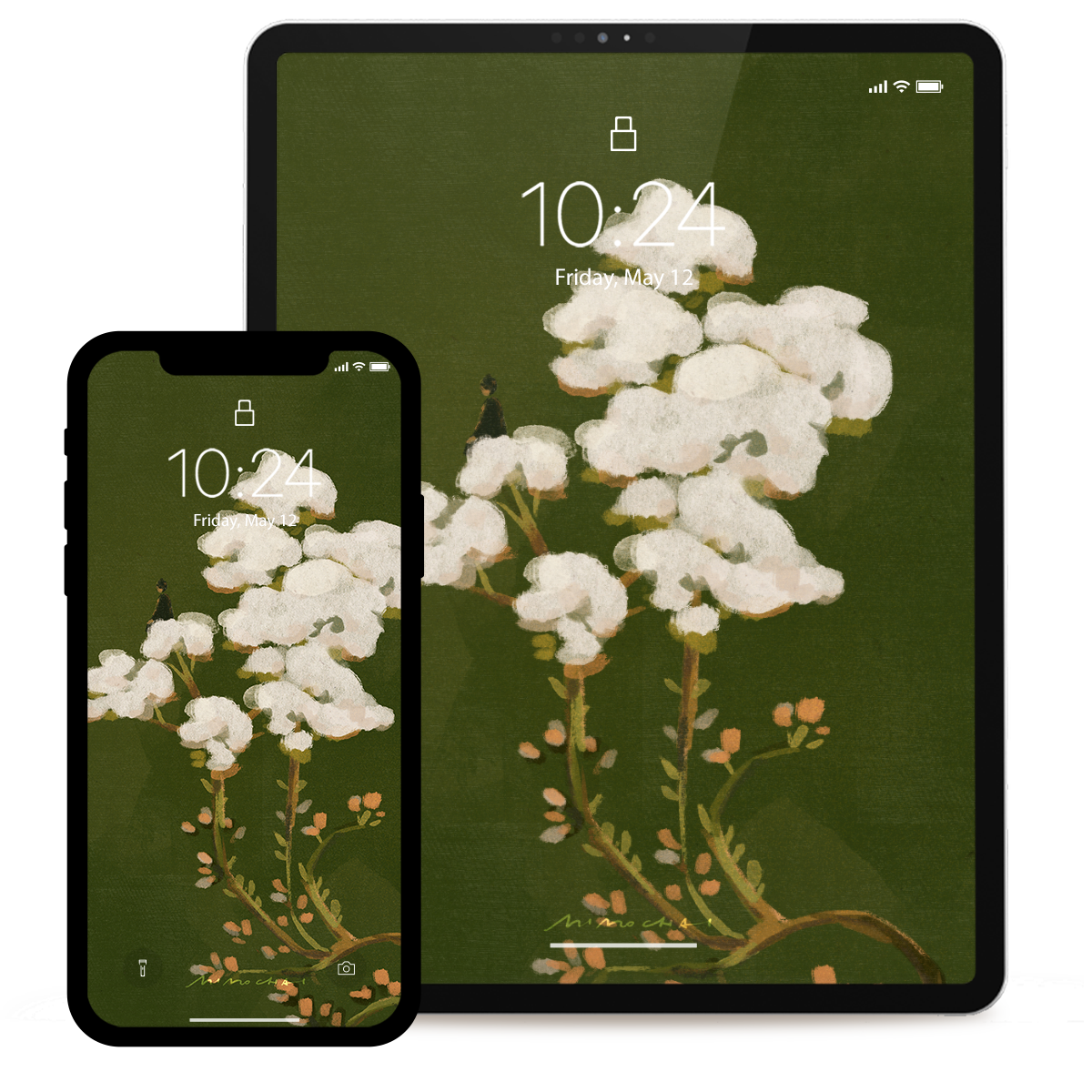 Smartphone and tablet displaying a lock screen with white flowers on a green background