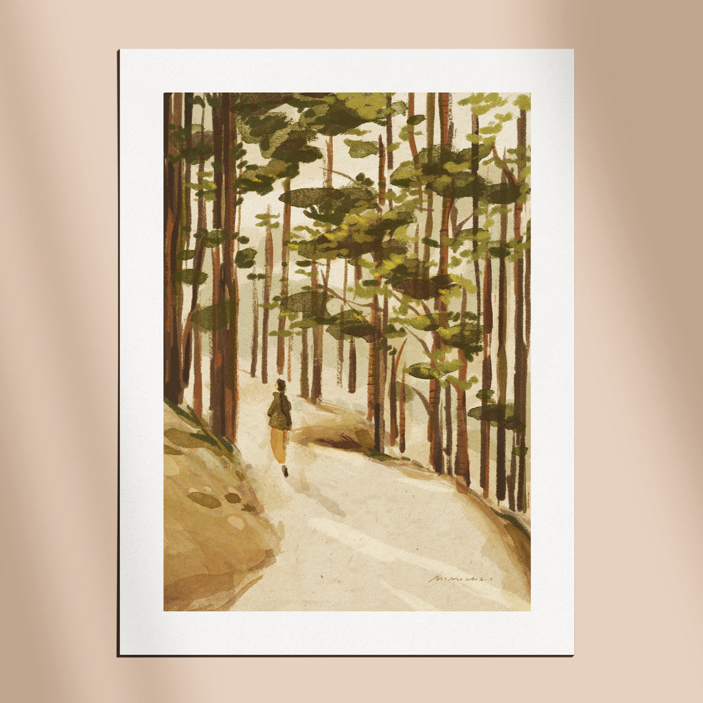 An art print depicting a figure walking on a mountain trail through a forest - contemplative art prints - Mimochai