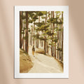 An art print depicting a figure walking on a mountain trail through a forest - contemplative art prints - Mimochai