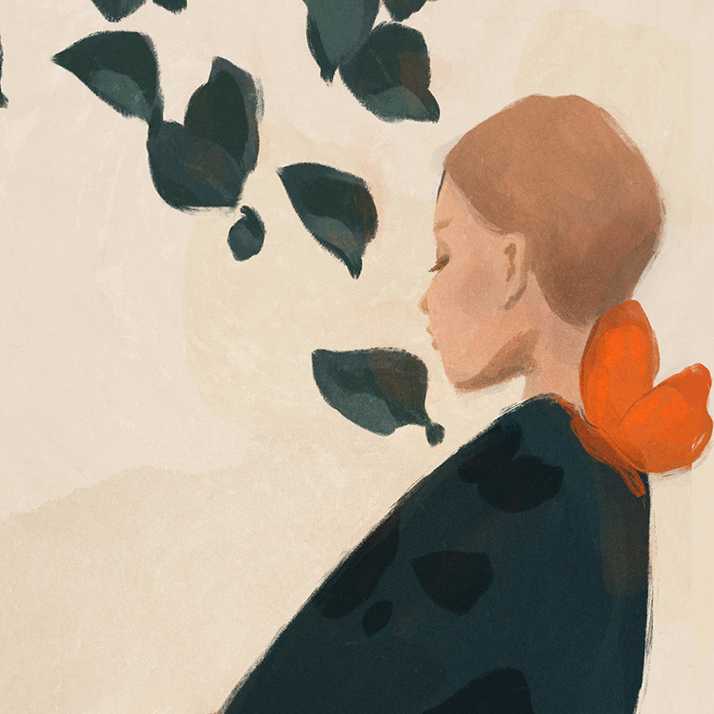 Illustration of a person with a butterfly on their shoulder against a beige background