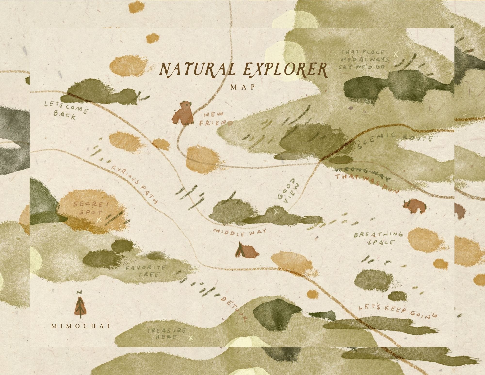 Watercolor style map with mountains, trail map and bears