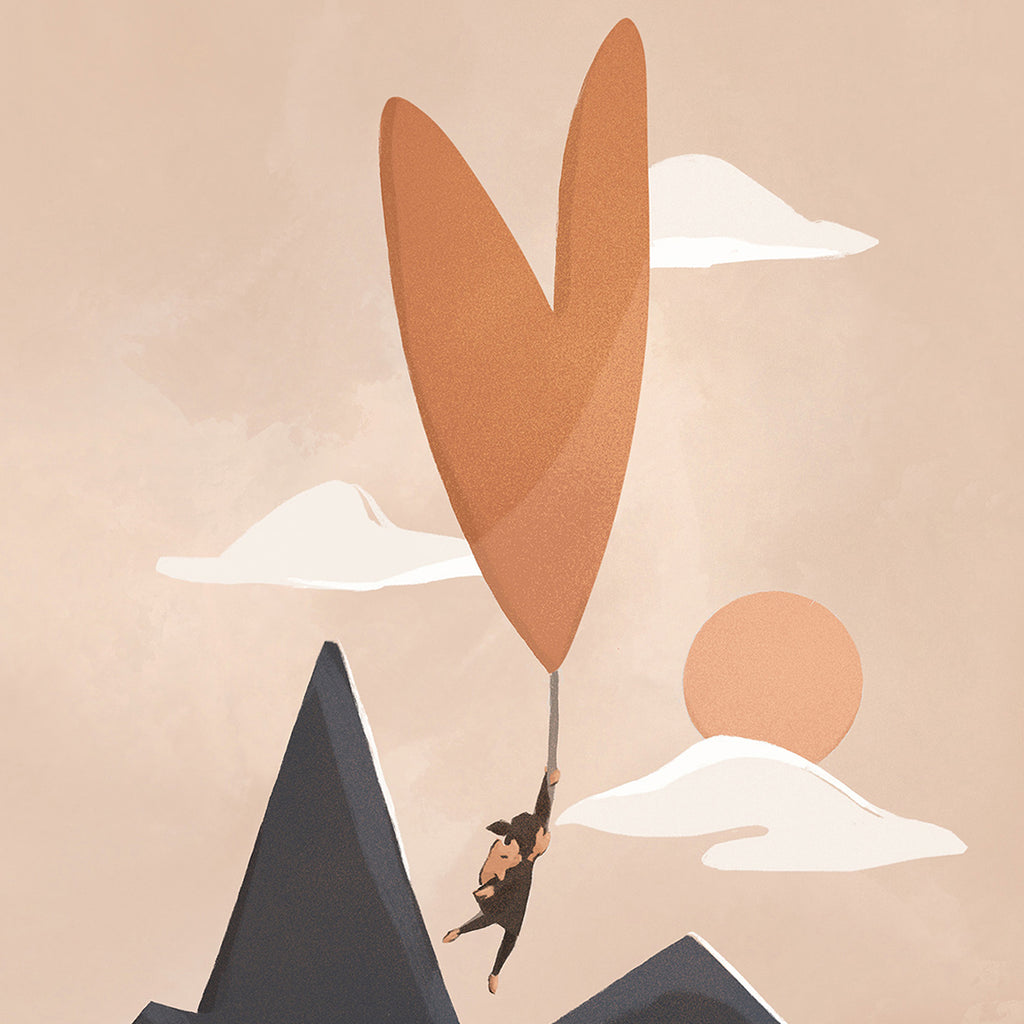 Illustration of a person hanging from a heart shaped ballon with mountains and sun in the background