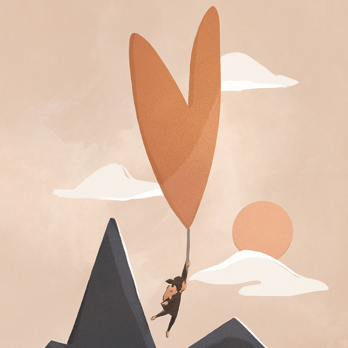 Illustration of a person hanging from a heart shaped ballon with mountains and sun in the background