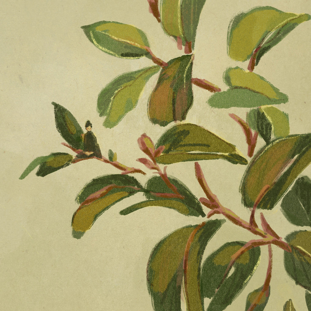 Artistic illustration of green leaves and branches on a beige background