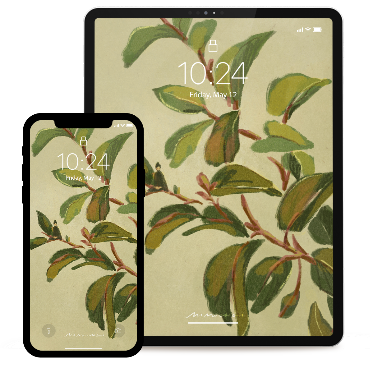 Two devices displaying a leaf pattern on a beige background