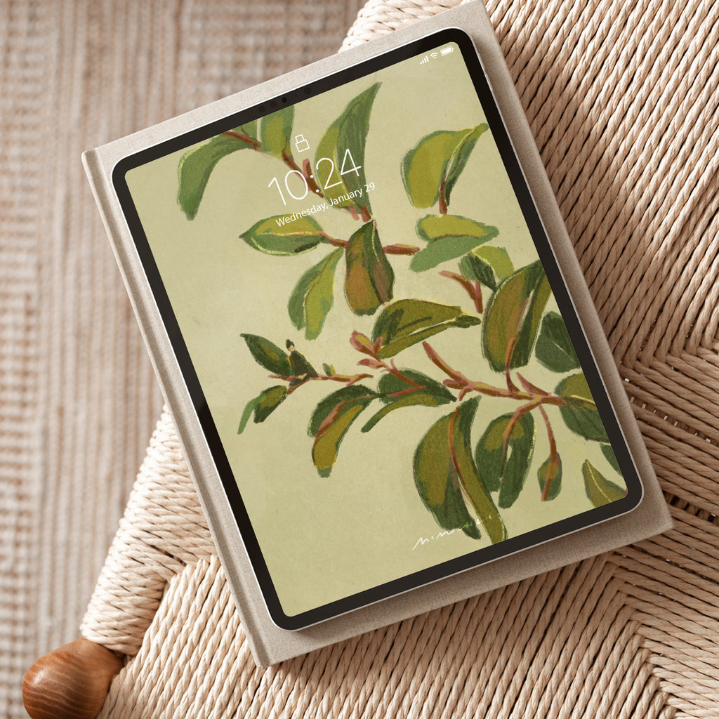 Tablet with a leaf pattern on the screen, placed on a rattan chair. 